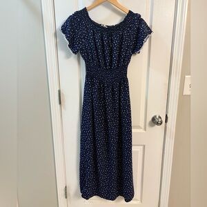 Kindred Anthro Navy and White Polka Dot Dress